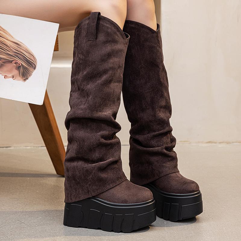 2025 Autumn/Winter Women's Ruched Suede High-Top Boots with Thick Soles and Hidden Height Increase