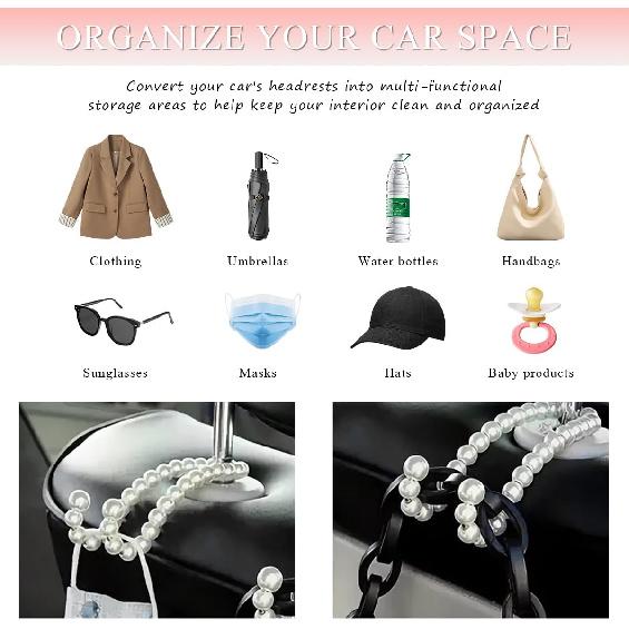 2 PCS Elegant Pearl Car Seat Headrest Hook, Cute Car Seat Hook Hanger Storage Organizer For Handbag Purse, Interior Decoration Headrest Hanger For