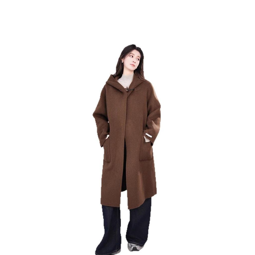 Light luxury celebrity fashion sense loose hooded double-sided nylon wool double-sided solid color 3016