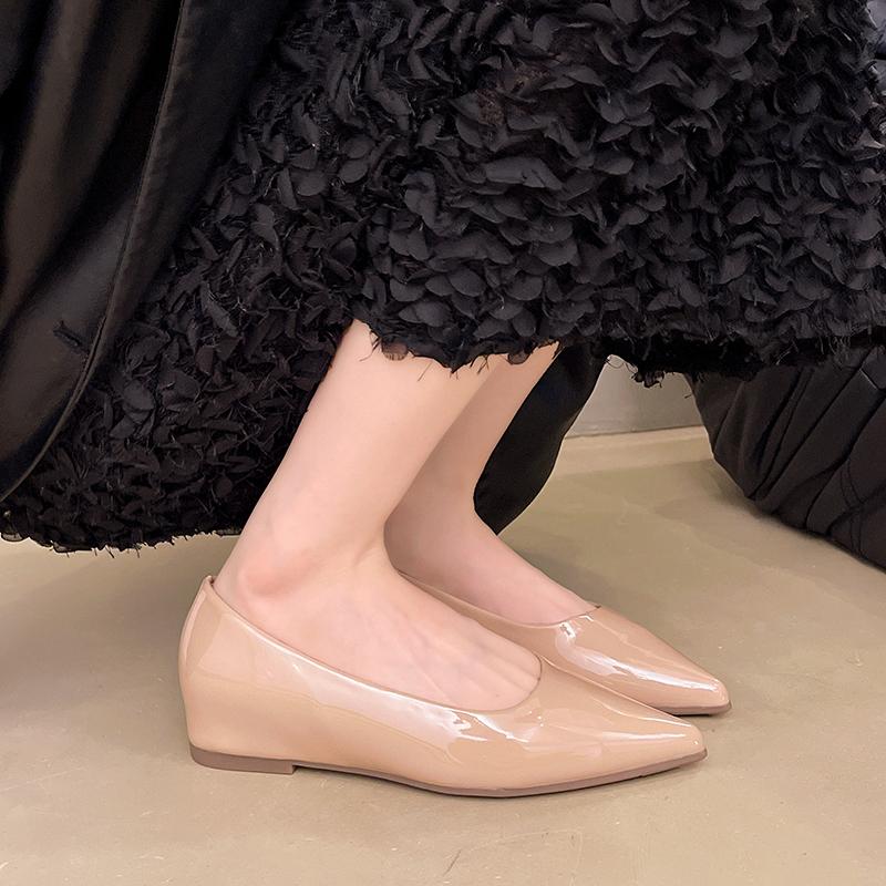 Fashion Inner Heightened Single Shoes Women's Summer New Pointed Toe Patent Leather Cover Foot Soft Sole Non-slip Flat Shoes