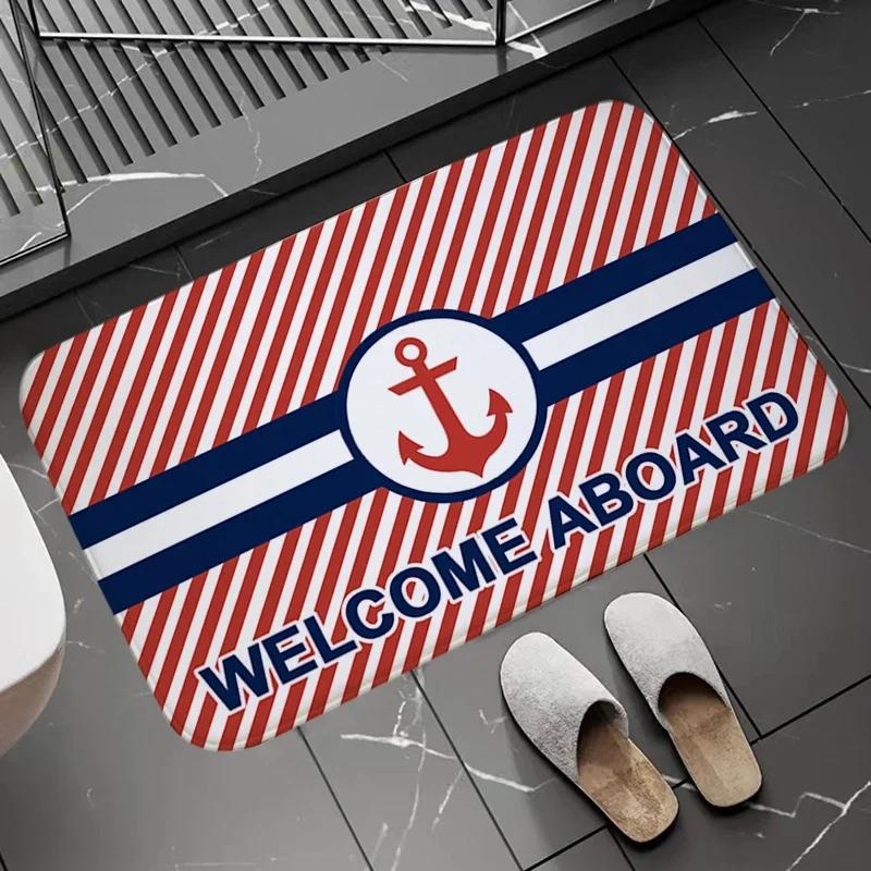 Chic Nautical Anchor Boat Navy Blue Stripes Doormat Bathroom AntiSlip Floor Mat Long Corridor Carpet Custom Rug For Kitchen Bath