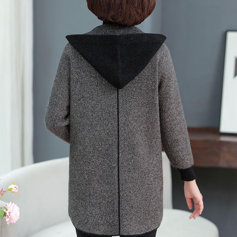 Middle Age Women Hooded Cardigan Spring Autumn Casual Coat Mom Long Sleeve Warm Wool Jacket Outerwear