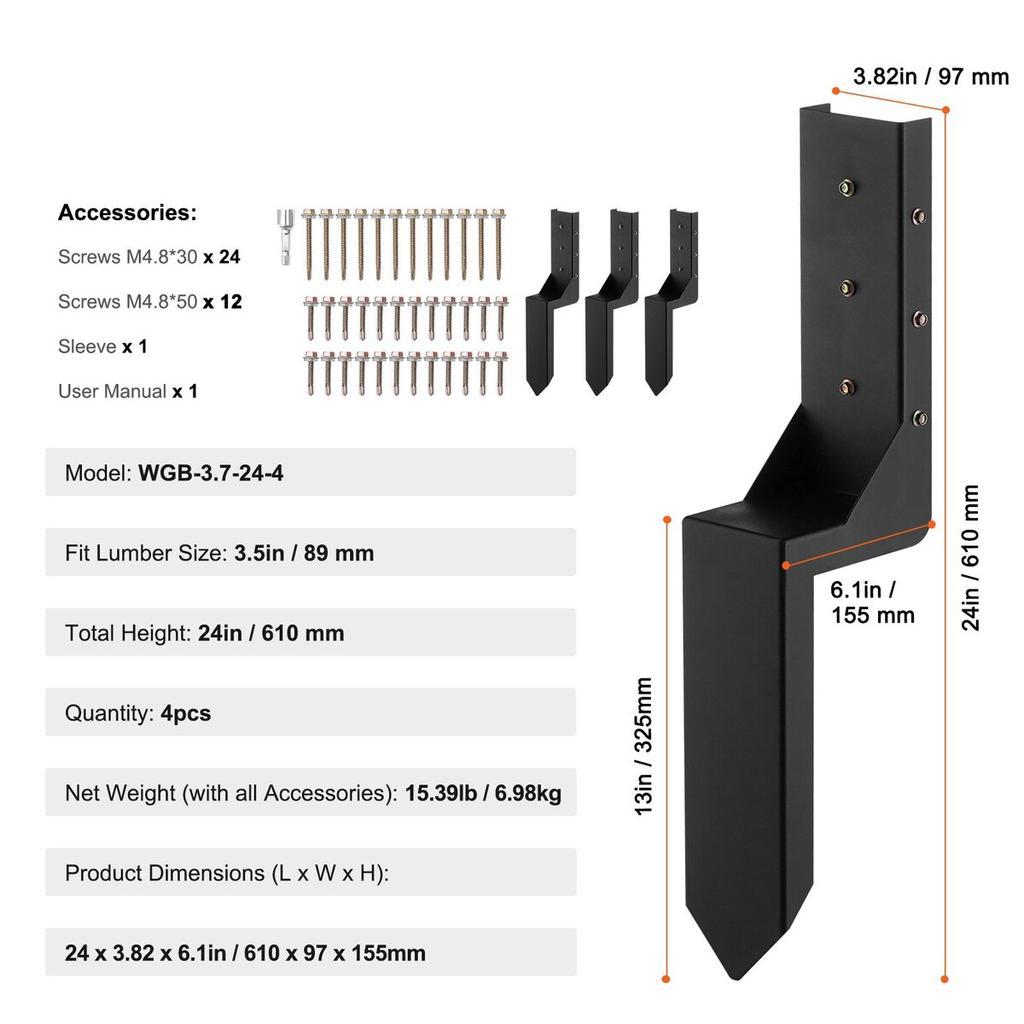 Fence Post Anchor Repair Kit, 4 Pack Inner Diameter 3.5 x3.5 Inches Heavy Duty Steel Fence Post Support Stakes, Anchor Ground Spike for Repair Tilted,