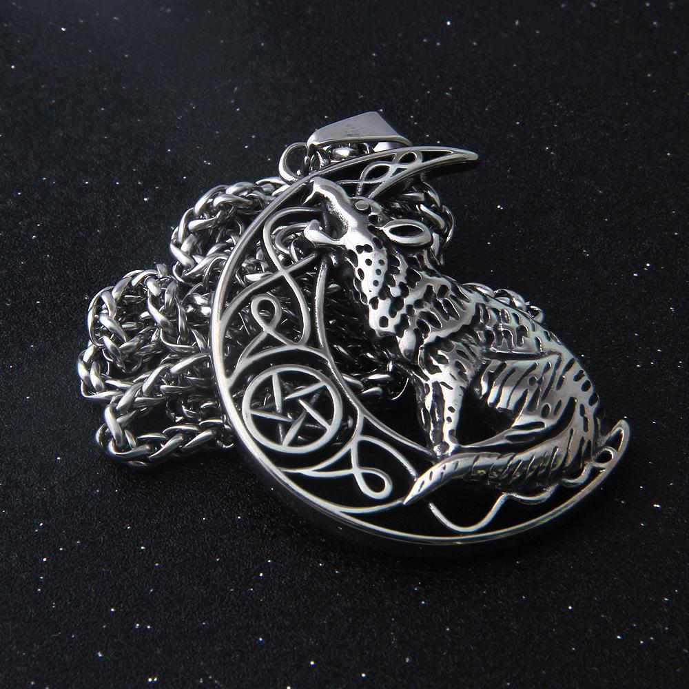 Stainless Steel Howling Wolf Moon Necklace - Viking & Slavic Animal Pendant with Adjustable Chain for Couple Jewelry Gifts