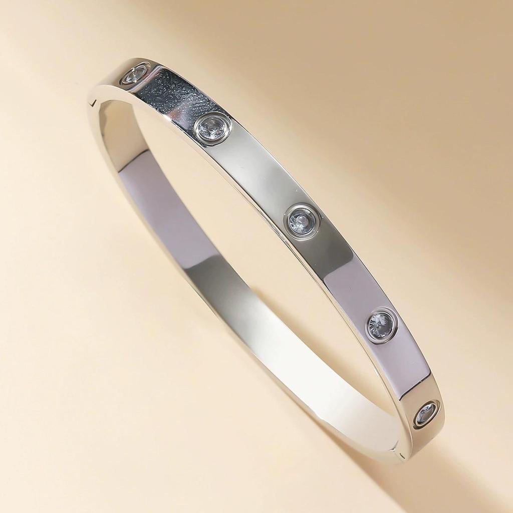 European & American Titanium Steel Hollow Electroplated Bangle with Diamonds - Versatile Stainless Steel Women's Fashion Jewelry