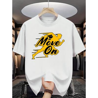 Herren Sommer Mode T-Shirt, Lässiger Rundhalsausschnitt, Leichte Dehnbarkeit, Strickstoff, Reguläre Passform, Bedrucktes "Move On" Grafik-T-Shirt für Erwachsene