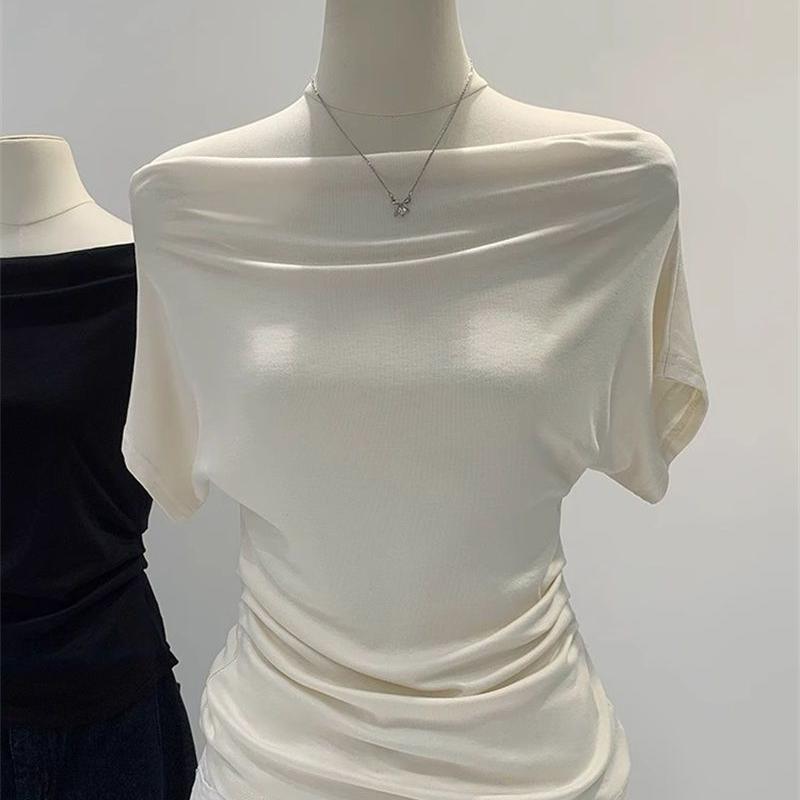 Sommer Reines Verlangen Ein Schulter Schwarz Kurzarm Damen T-Shirt Koreanischer Stil Schlankmachendes Top Freiliegende Schulter Modisch