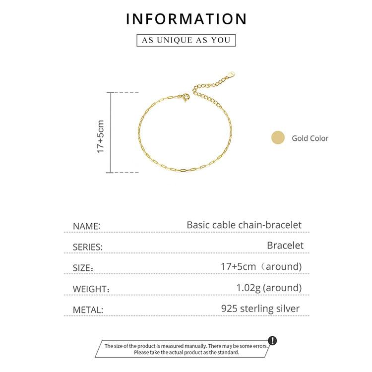 Brățară reglabilă cu cablu aurit BAMOER din argint 925 pentru bijuterii de modă pentru femei