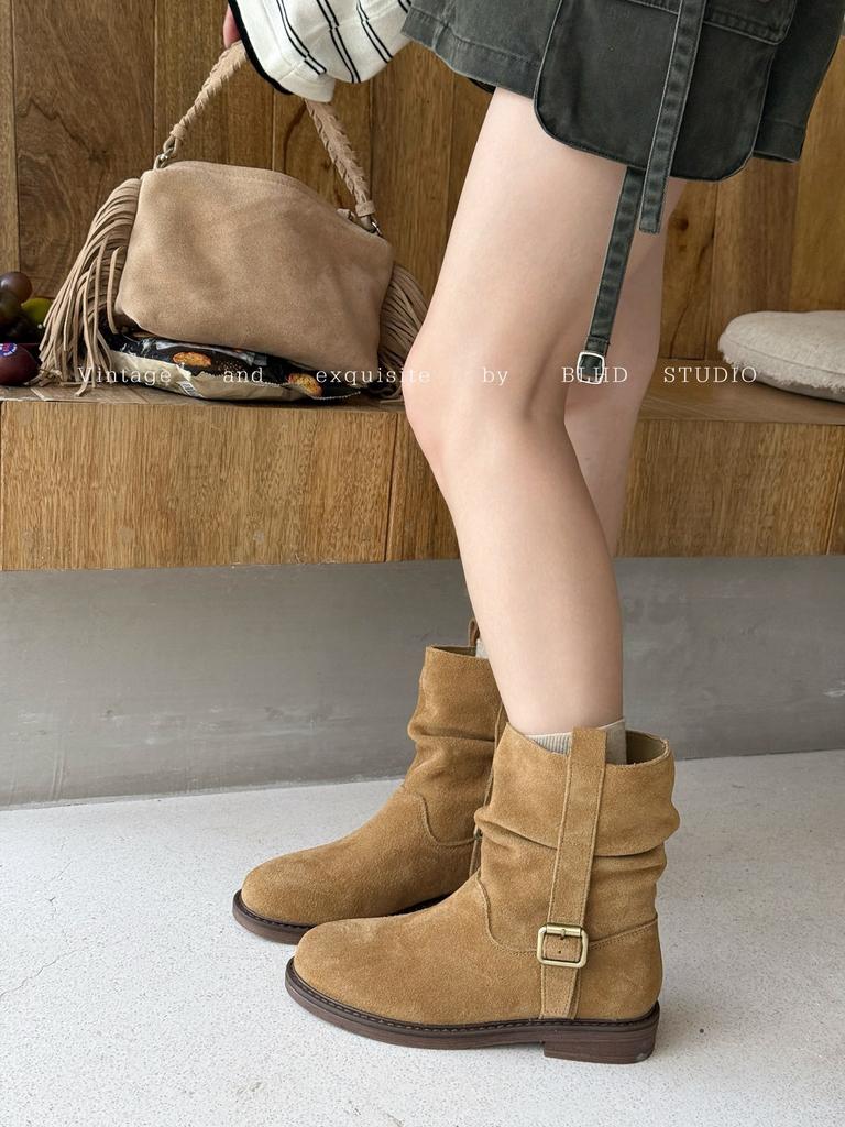 2025 autumn retro suede V-mouth western cowboy boots pointed mid-tube boots medium antique belt buckle stacking boots