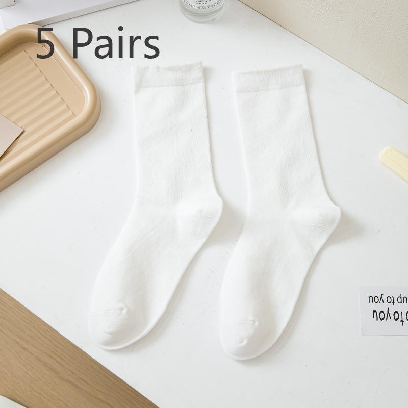 5 Pairs Socks Women's Mid-calf Socks Autumn and Winter Solid Colour Cotton Thickened White Thigh-high Stacked Socks Morandi Bone-less Monthly Socks