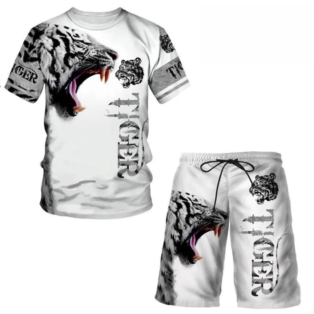 Summer Round Neck 3D Animal Printed Set Fashionable and Casual Short Sleeved Shorts Men's Sport Wear