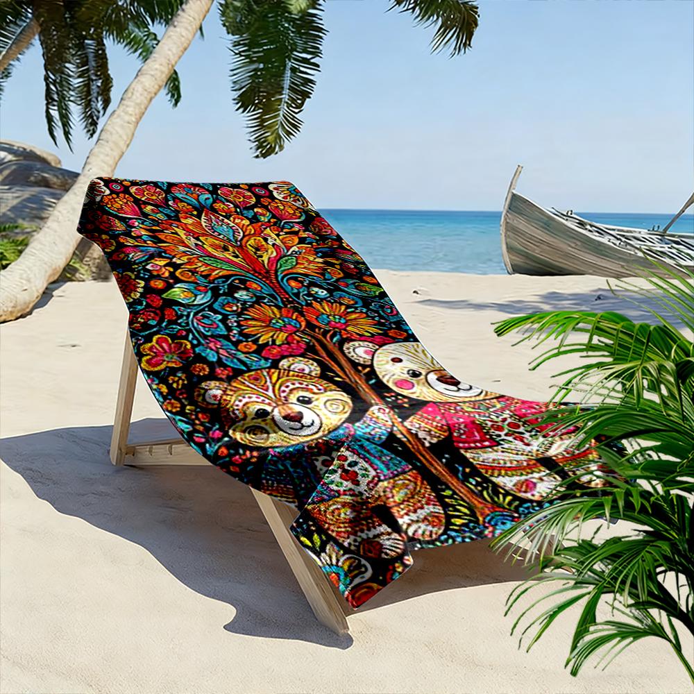 Colorful Bear Pattern with Floral Tree - Beach towel quick-drying for travel outdoor sports jogging beach and swimming