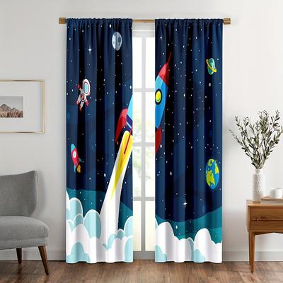 2KS Kreslené Závěsy s Raketou Chlapci Dívky Galaxie Raketa Astronaut Kapsa na Tyč Okenní Dekorace Modrá Záclona.