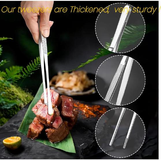 Heavy Duty 2 PC Kitchen Tweezers Tongs Metal 12 & 8 Inch Fine Tweezer Tongs, Extra-Long Stainless Steel Cooking Tweezers for Cooking, Repairing, Sea