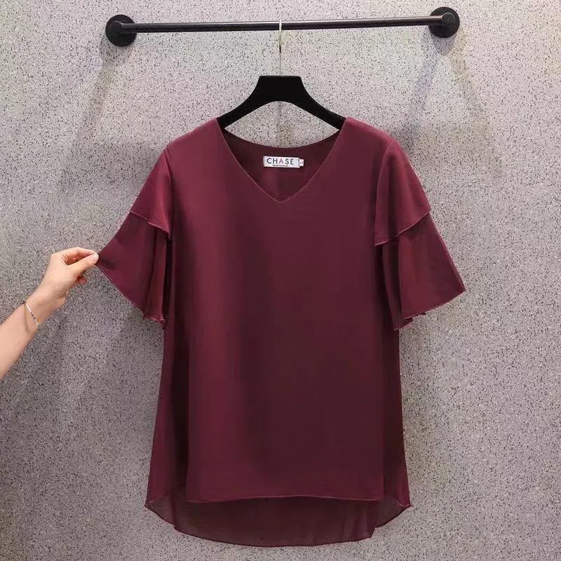 T-shirt Women Versatile Summer Casual Large Size Loose V Neck Pullover Short-sleeved Tops