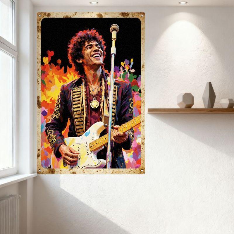 Pop Art Musician Guitarist Tin Sign Vintage Metal Wall Decor with Colorful Explosion Background Retro Music Poster for Bar Pub H