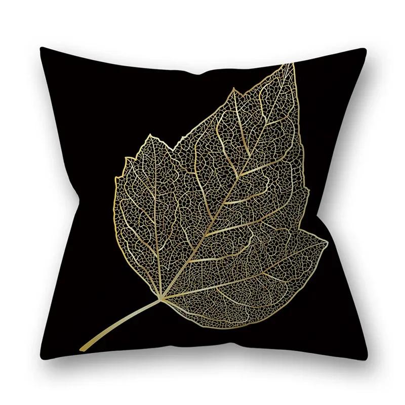 45x45cm Golden Feather Black Pillowcase Custom Leaves Plants Cushion Cover Sofa Living Room Home Decor Square Pillowslip