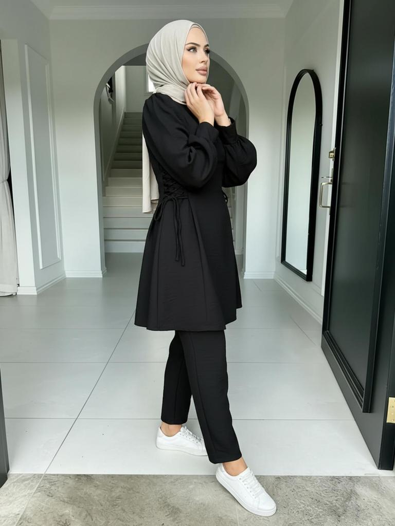Women's Solid Color Two-Piece Set: Fashionable Top & Pants for Middle Eastern Style