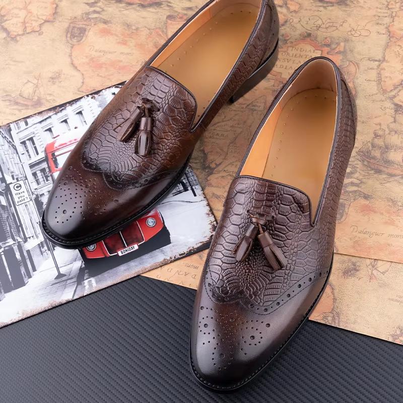 Mode Handgefertigt Bequem Lässig Lederschuhe Businessschuhe Herren Echtes Leder Quasten Loafer Kaffee Formeller Schuh Brogue Druck Männlich