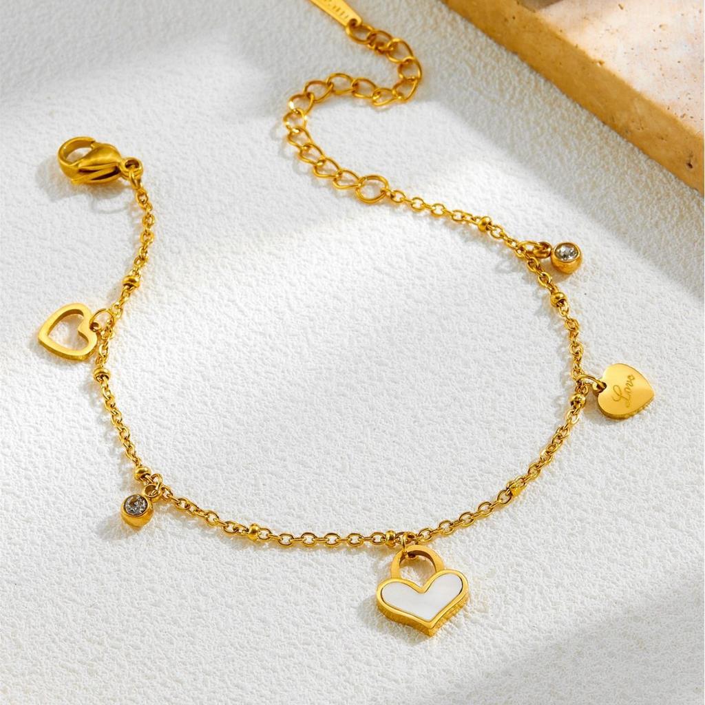 Stainless Steel Gold-Plated White Mother of Pearl Heart Bracelet Engraved "Love" Charm Zircon Accent Minimalist Luxury Jewelry