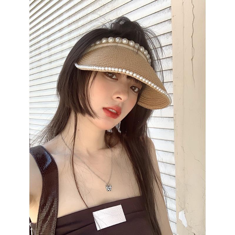 Straw pearl sun hat headband empty top straw hat women's summer hairpin no top cover face sun hat outdoor