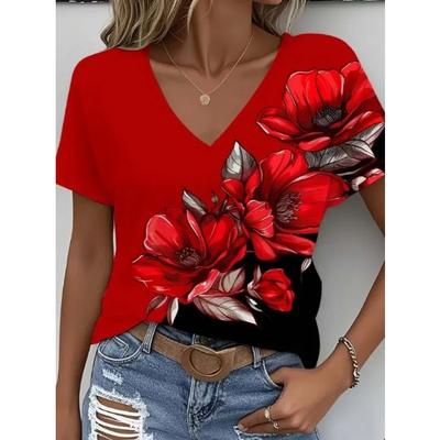 Top Estivo Scollo a V Motivo Floreale Stampato 3D Magliette da Donna alla Moda Casual a Maniche Corte