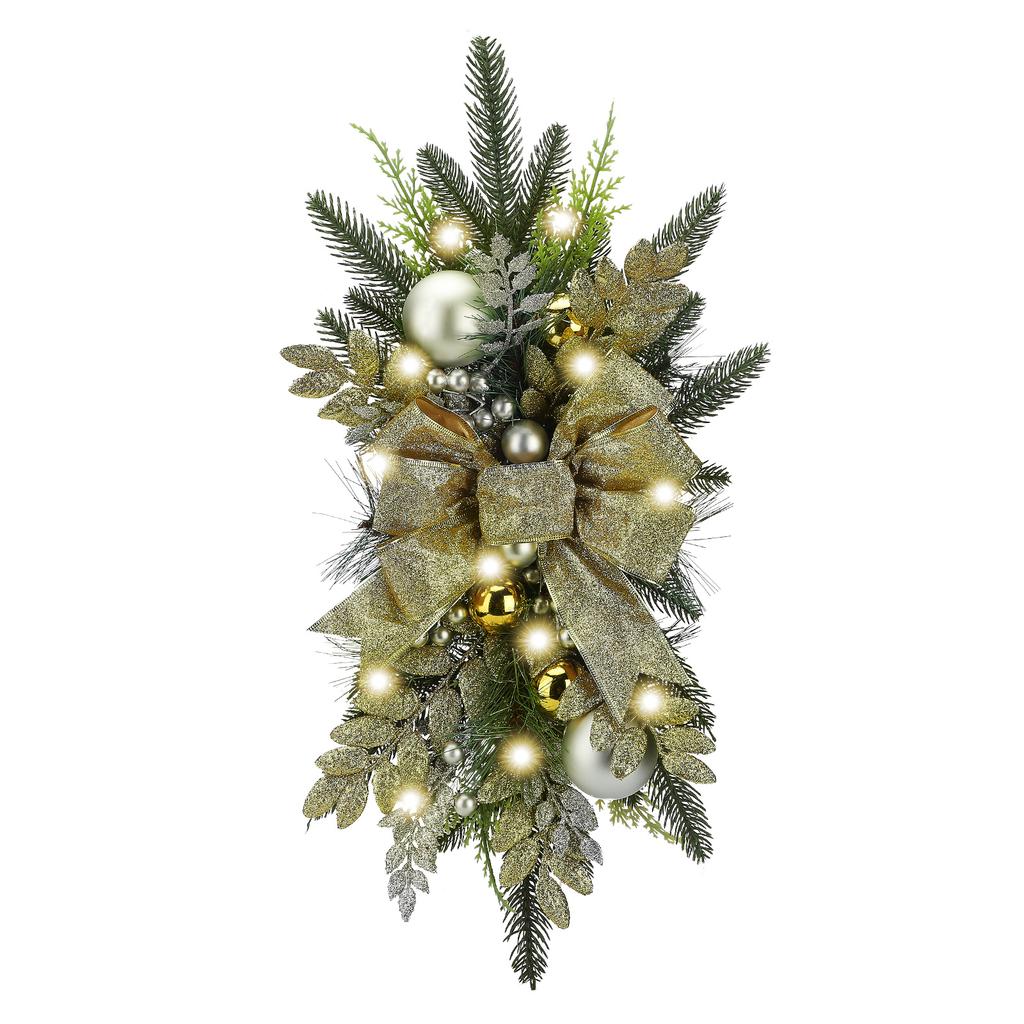 Xmas Stairway Wreath with 20 Lights 2M String Stair Railing Swag for Home Setting Holiday Decoration 60x35cm Golden