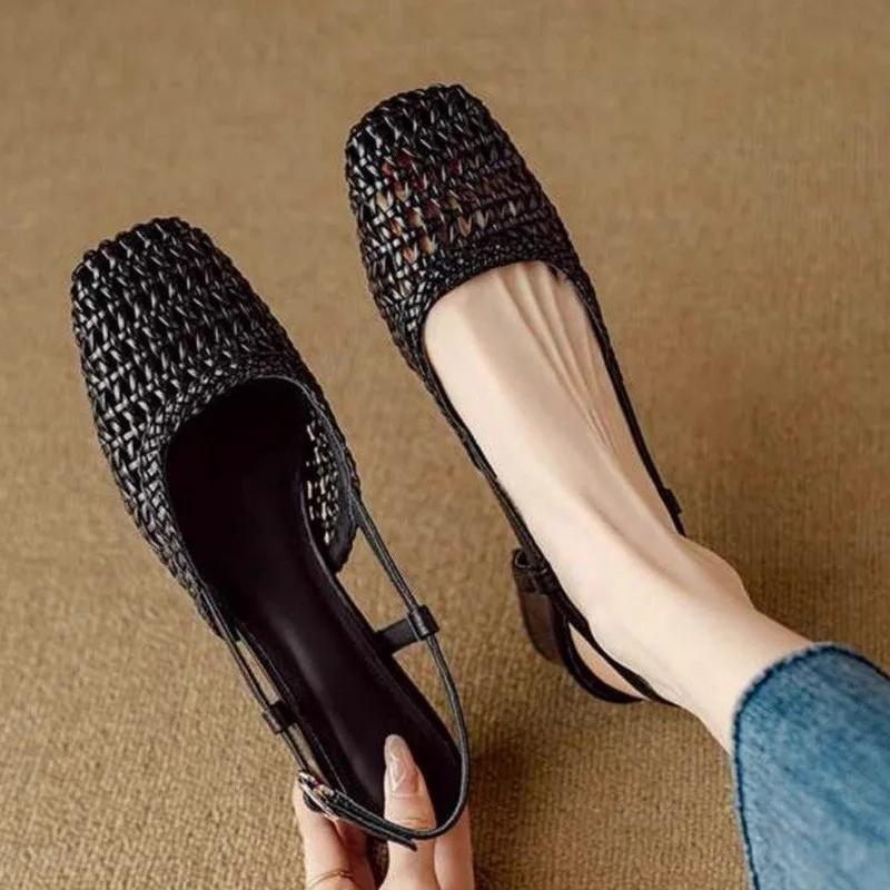 Franse Platte Damessandalen Zomer Nieuw Mesh Gat Kantoor Carrière Schoenen Holle Gespriem Romeinse Midden Dikke Hak Sandalias