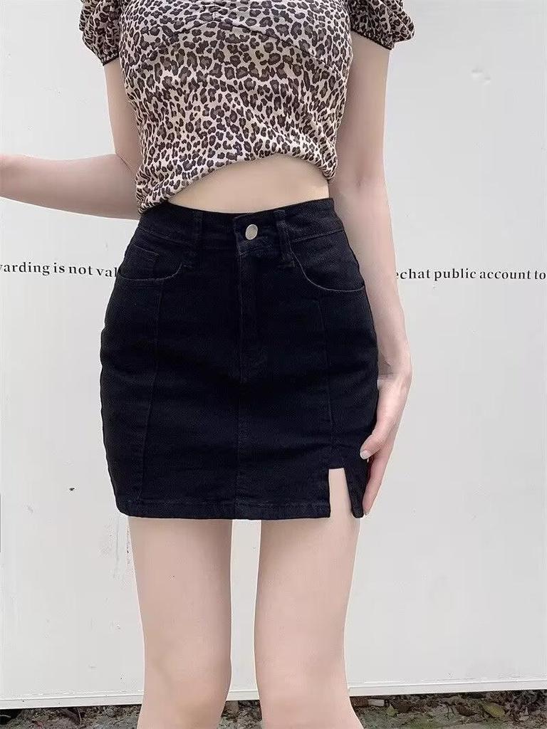Women's High Waist A-Line Split Denim Mini Skirt - Plus Size, Slimming, Anti-Exposure, Hip-Hugging Design