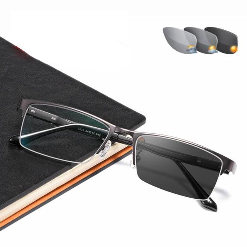 Men's Outdoor Shade Semi-Rimless Photochromic Gray Square Prescription Eyeglasses Metal Shortsight SPH 0 -0.5 -0.75 -1.0 TO -6.0