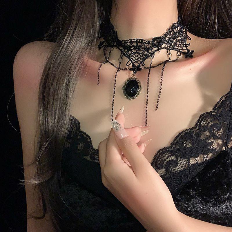 Retro Witch Princess Black Lace Tassel Flower Choker Necklace