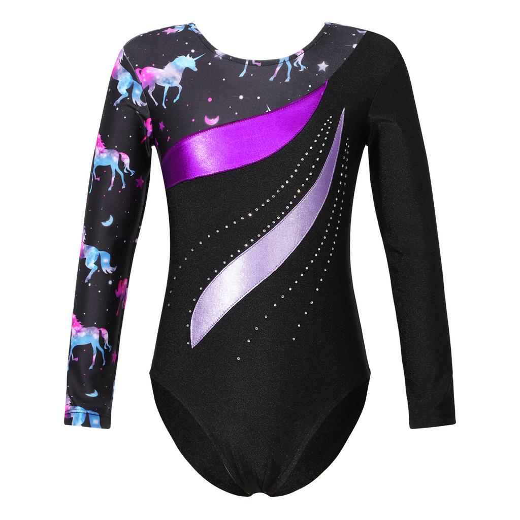 Girls Shiny Rhinestone Leotard Long Sleeve Round Neck Bronzing Fabric Pattern Print Performance Bodysuit