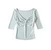Deep V-Neck Kink Medium Sleeve T-Shirt Women's Summer New American Spice Girl Style Solid Color Slim Skinny Bottom Top