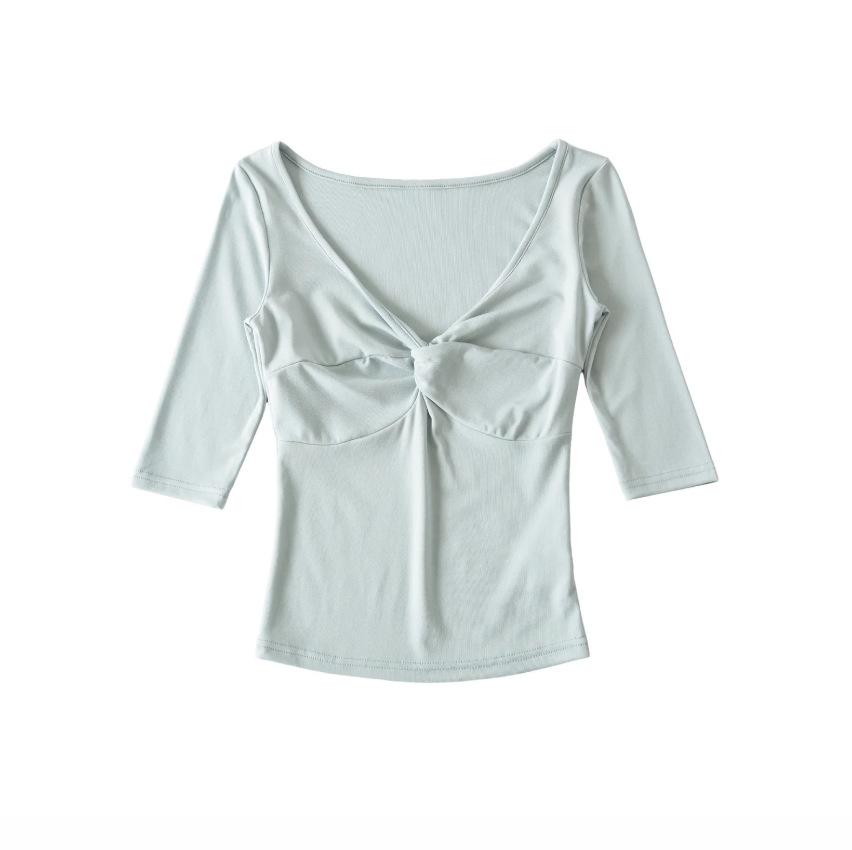 Deep V-Neck Kink Medium Sleeve T-Shirt Women's Summer New American Spice Girl Style Solid Color Slim Skinny Bottom Top