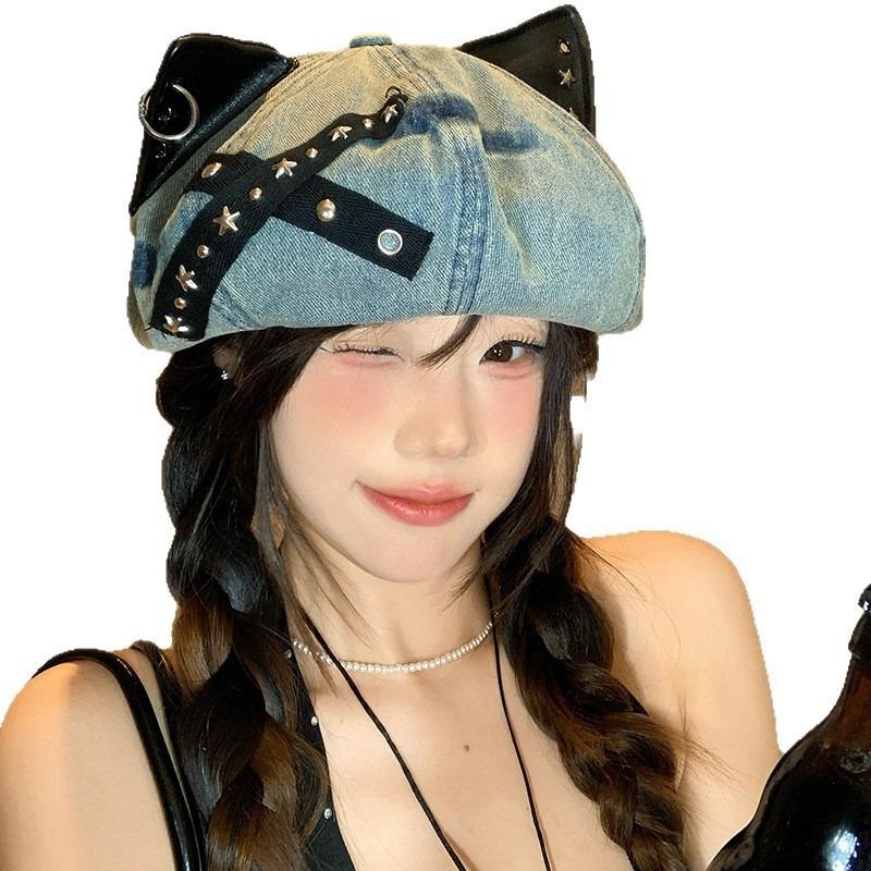 Sweet and Cool Babes Wind Cat Ear Beret Autumn Hat Women's Washed Cowboy Painter Hat Y2k Octagonal Hat