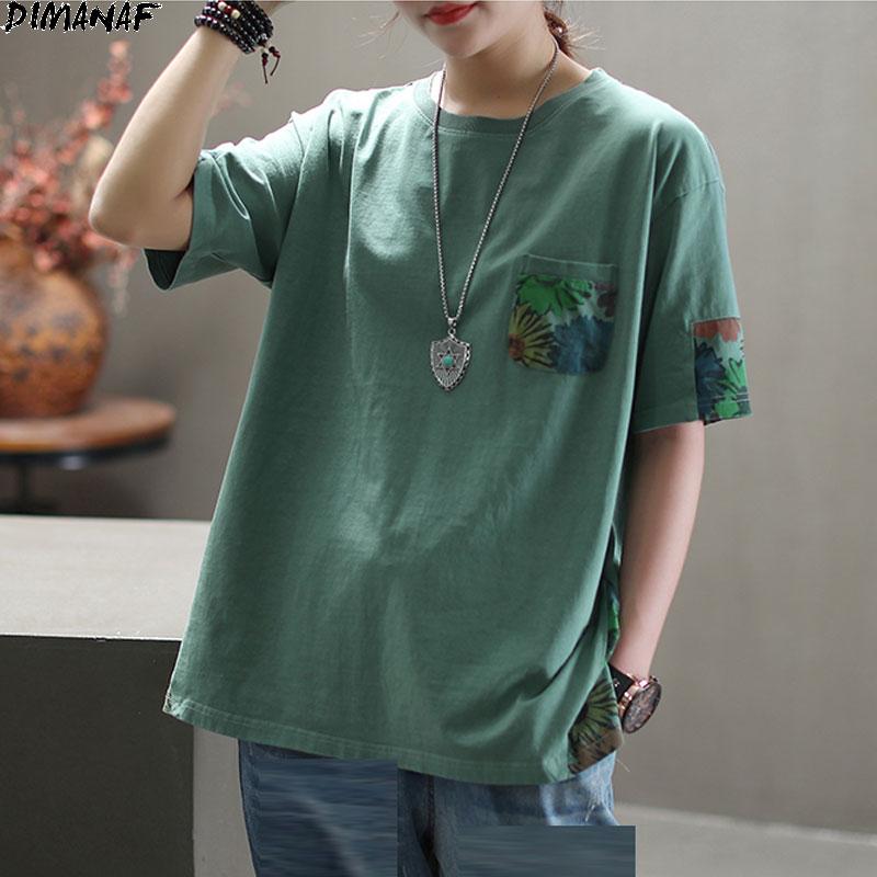 Dimanaf Summer Women T-Shirt Cotton Tshirt Fashion Floral Print Patchwork Tops Tees Home Wear Shirt Loose Casual