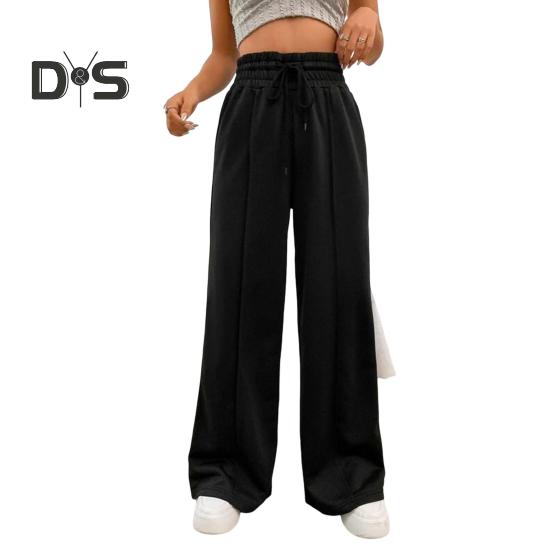 

Женские спортивные брюки с эластичной высокой талией, регулируемые на шнурке, однотонные, свободного кроя, длинные брюки для отдыха на открытом воздухе L чёрный