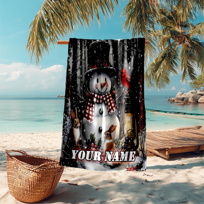 1PC Custom Name Winter Snowman Lantern Scene Beach Towel Highly Absorbent And Sand-Resistant Towel for Swimming, Pool, Yoga, And Travel Lightweight