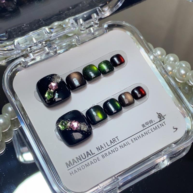 

Handmade Rainbow Cat Eye Toe Nail Art Stickers with Black Whitening Diamond Accents Medium