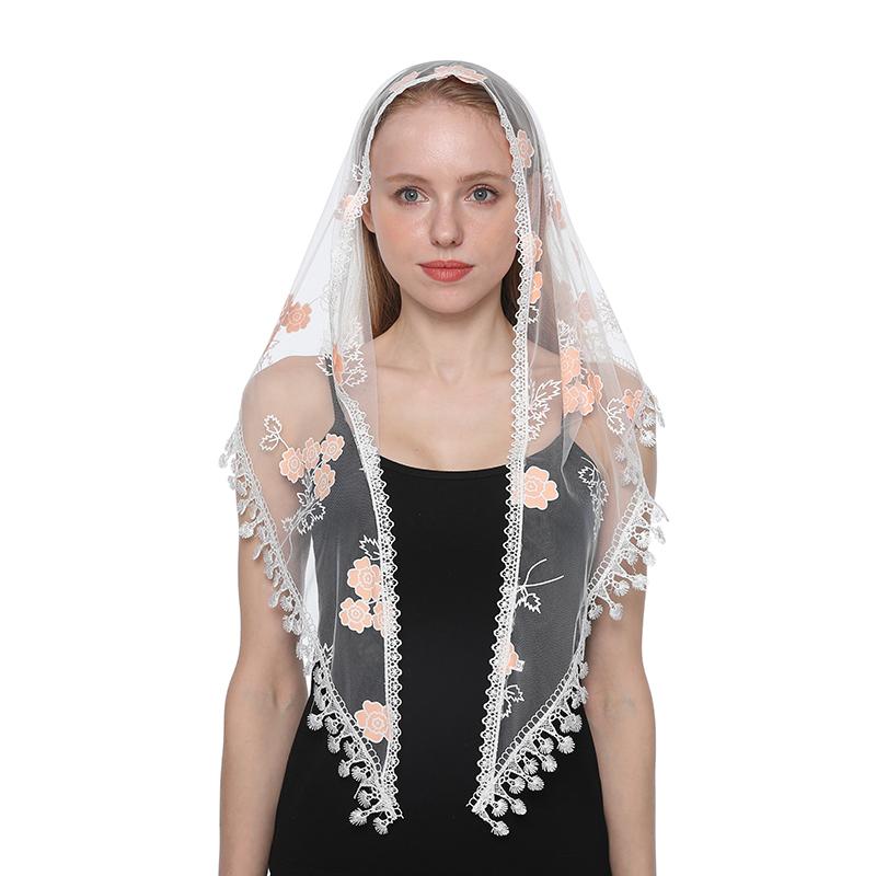 Embroidered Scarf for Church Shawl with Spanish Fringes Christian Veil Spanish Mantilla Lace Shawl Floral Women Handkerchief