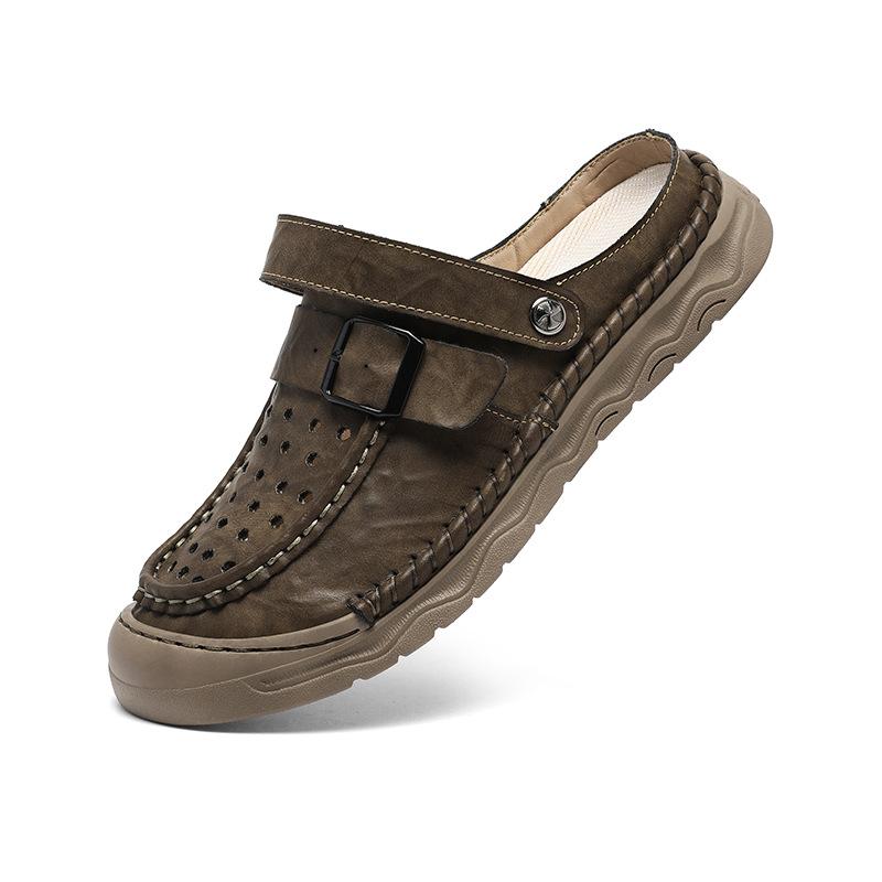 Sports Beach Shoes Men's Outdoor Soft Soled Leather Sandals Men's Solid Color Fashion Designer Shoes Men's Versatile Slippers