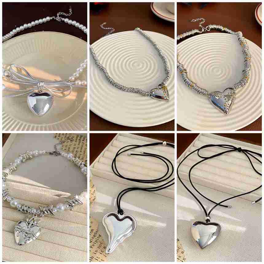 

Versatile Sweet Metal Heart Pendant Ribbon Bow Pearl Necklace for Women