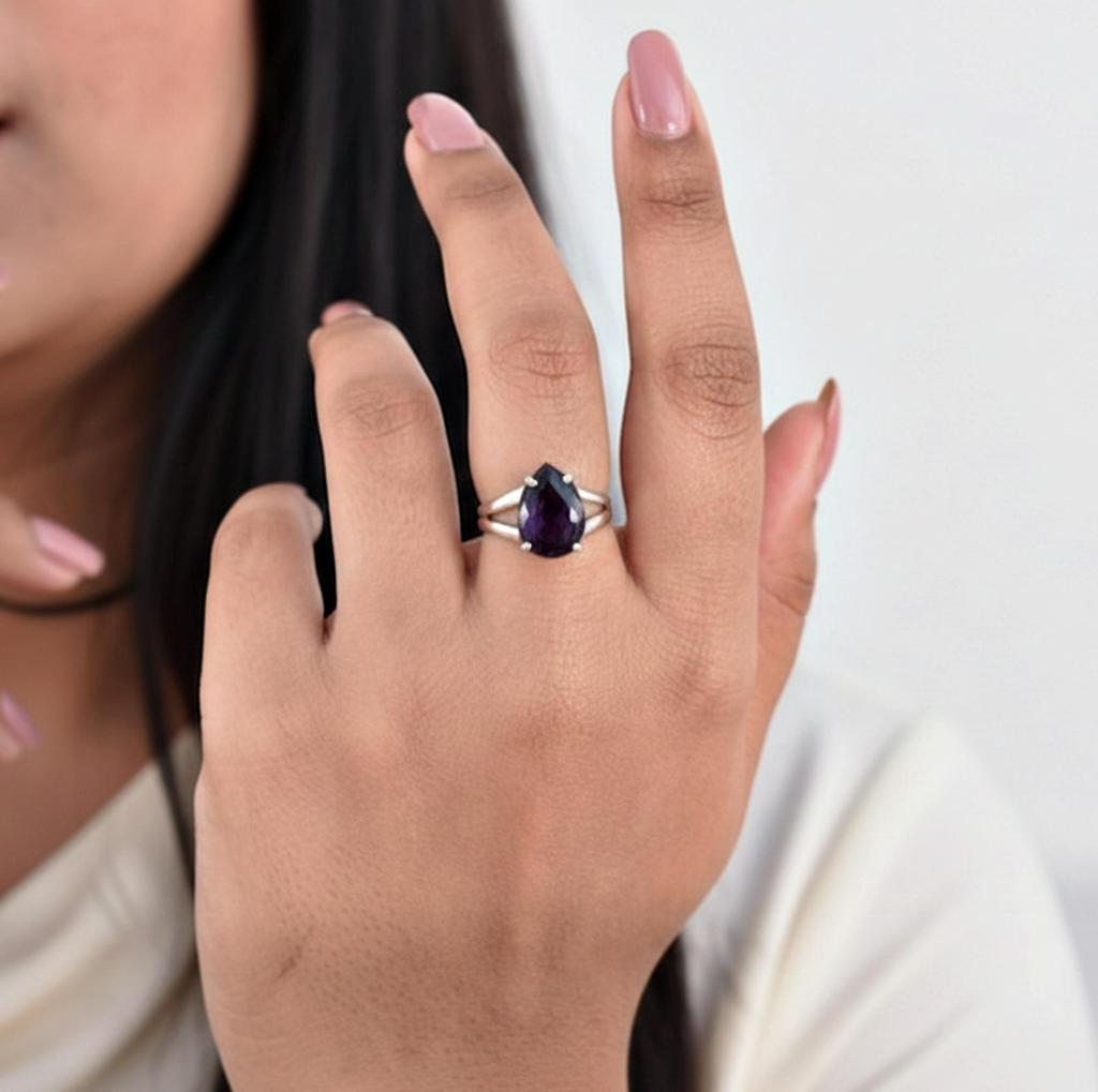 Lila Amethyst Birnenform Statement Ring, 925 Sterling Silber, Minimalistischer Boho Ring für Damen