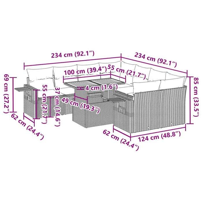 VidaXL Garden Lounge Set 9 Pcs with Cushions Black Wicker 3327128