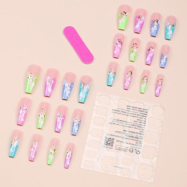 Press On Nails With Designs Long Rainbow Heart Nail False Nail With Sticker Glue French Peach Heart Cotton Cloud Arcrylic Nail Tips
