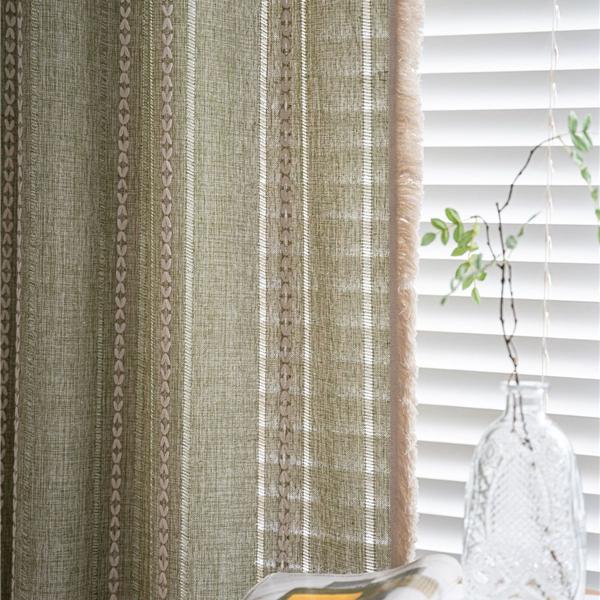 2026High Quality Finished Curtains, Striped Embroidery, Green Solid Color Contrast, Kitchen Curtains, Rural Style, Semi Shaded Bay Windows