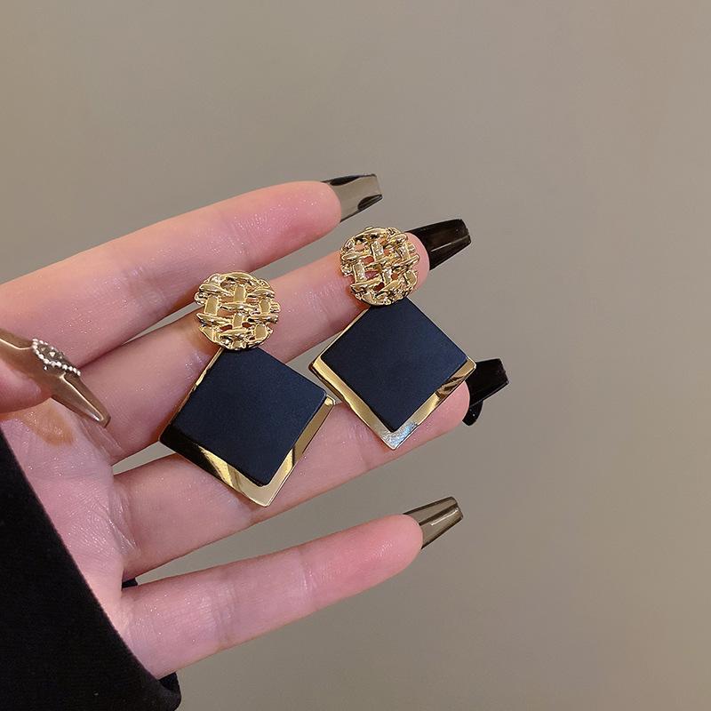 

Double Color Rhombus Shape Dangle Earrings for Women Hollow Gold Color Lattice Drop Earrings Geometry Party Punk Zircon