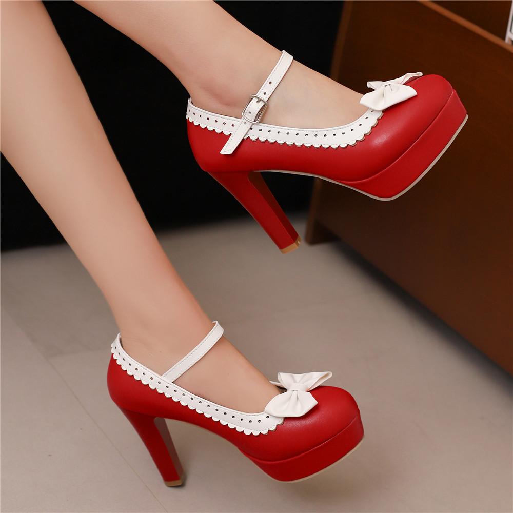 Fashion Spring Autumn Lolita Wedding Shoes For Woman Platform High Heels Mary Janes Shoes Sweet Heels Buckle Strap Dress Shoe Size34-48