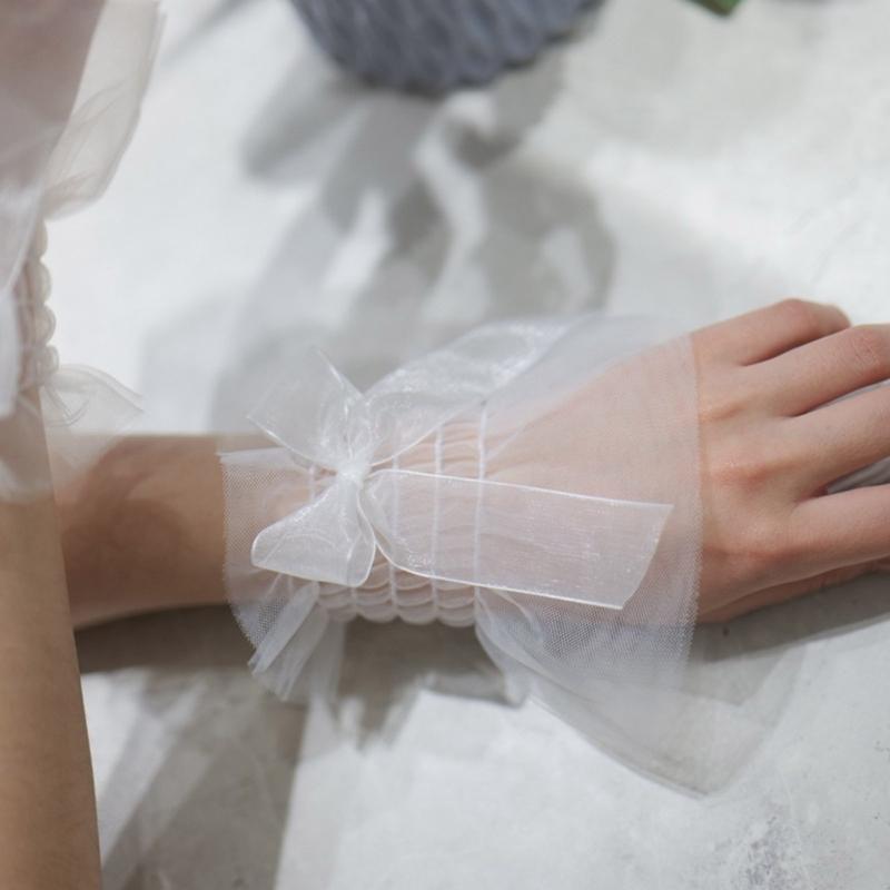 Women Wrist Cuffs Removable Bowknot Ruffled Wedding Supply Bride Dress False Sleeves Tulle Flared Sleeves