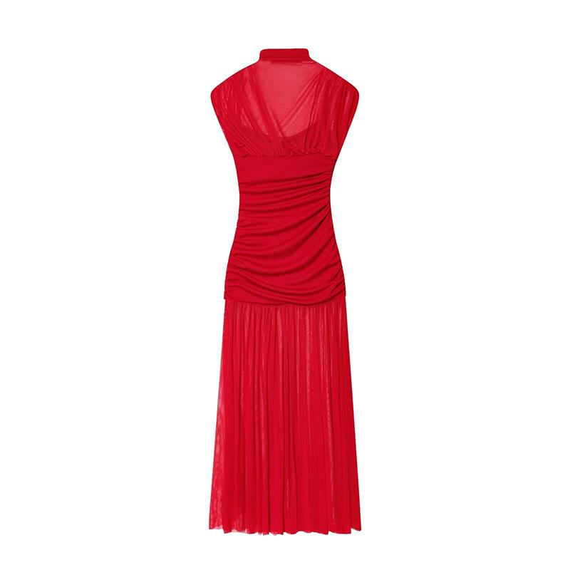 Black Mesh Maxi Dress For Women Sexy Sleeveless See-Through Pleated Party Dress Female Fashin Bodycon Long Dress 2025